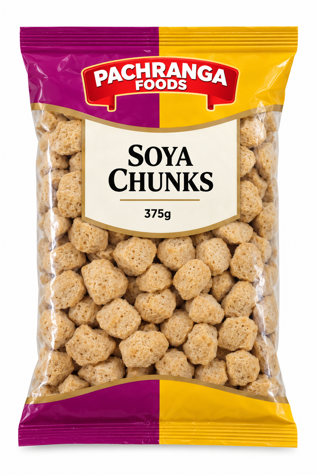 Pachranga Foods Soya Chunks 375g pouch with beige soya chunks in transparent packaging with magenta and yellow accents, displayed on a white background.