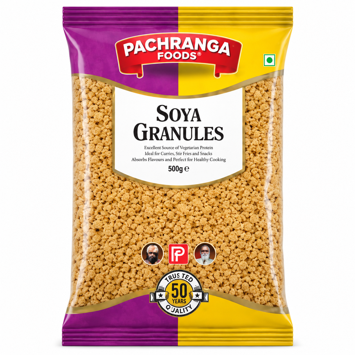 Pachranga Soya Granules 500g pouch featuring the Pachranga Foods brand logo and golden soya granules, suitable for Indian cooking and everyday meals.