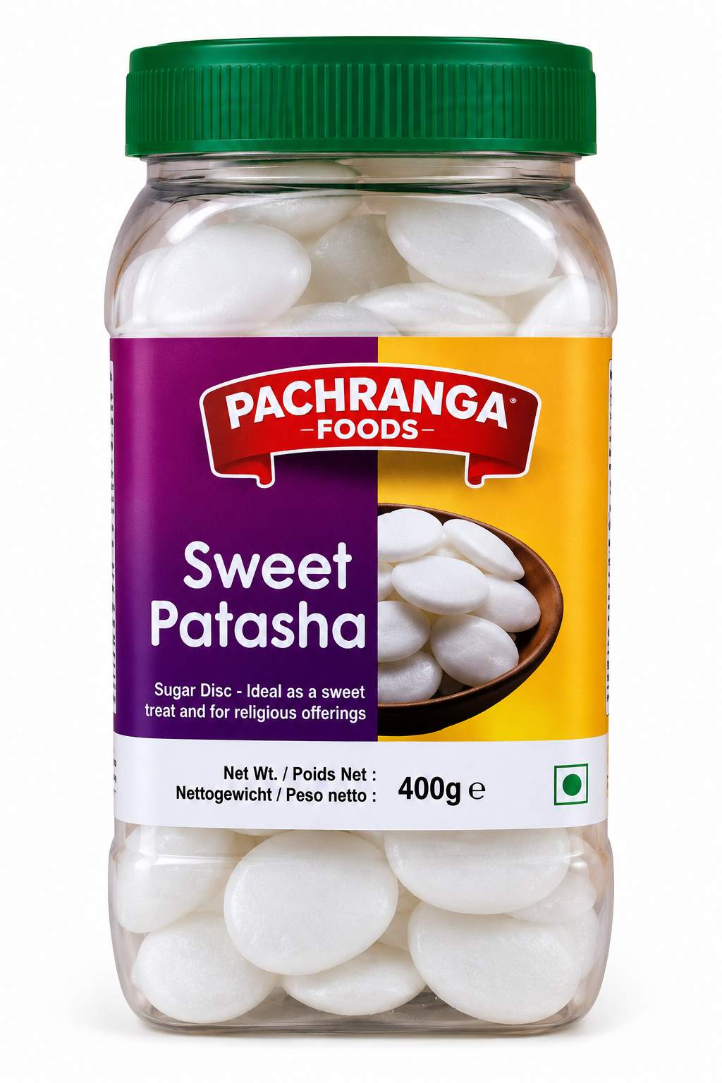 Pachranga Foods Sweet Patasha 400g jar containing white sugar disc sweets, ideal for sweet treats and religious offerings.