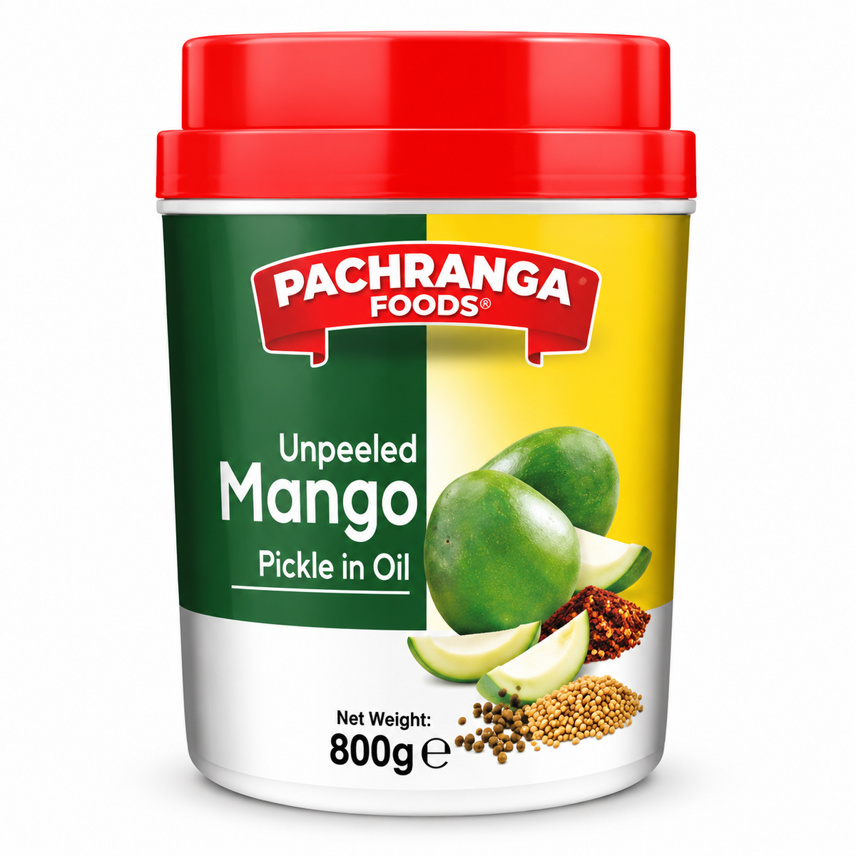 Pachranga Foods Unpeeled Mango Pickle 800g jar with red lid, featuring green mangoes and traditional Indian pickle spices on the packaging.