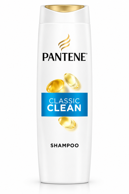 Pantene Classic Clean Shampoo 325ml bottle featuring a sleek white design, a gold flip-top cap, the Pantene logo in black lettering, golden Pro-V nutrient capsule illustrations, and a bright blue Classic Clean label. Displayed upright against a clean white background, showcasing the everyday shampoo for cleansing hair and helping leave it feeling fresh, smooth, and manageable.