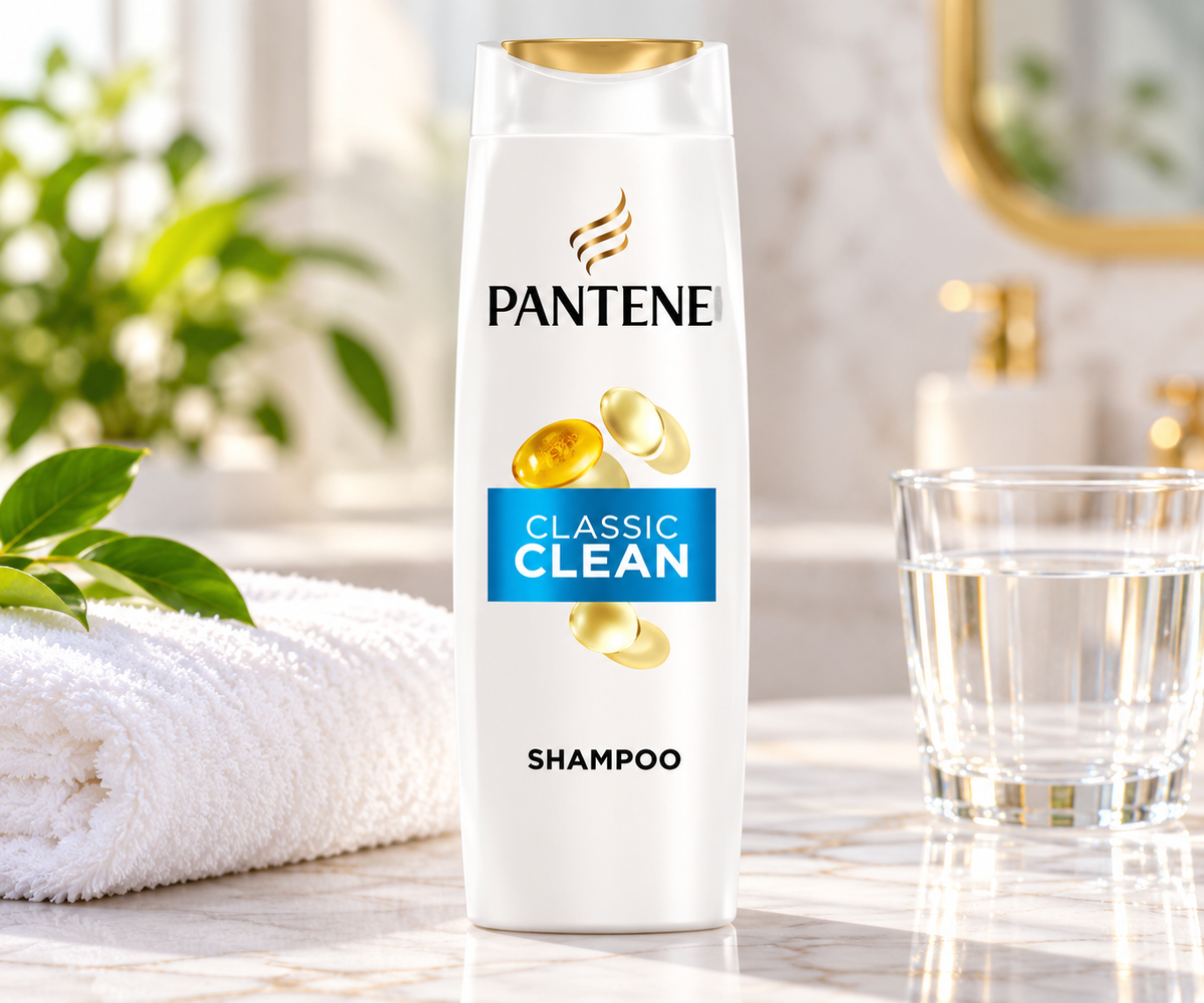 Pantene Classic Clean Shampoo 325ml white bottle with a gold cap, black Pantene branding, golden nutrient capsule illustrations, and a blue Classic Clean label, displayed on a marble bathroom countertop. Surrounded by a soft white towel, fresh green leaves, and a clear glass of water in a bright, elegant bathroom setting, highlighting the shampoo as part of a refreshing everyday hair-care routine.