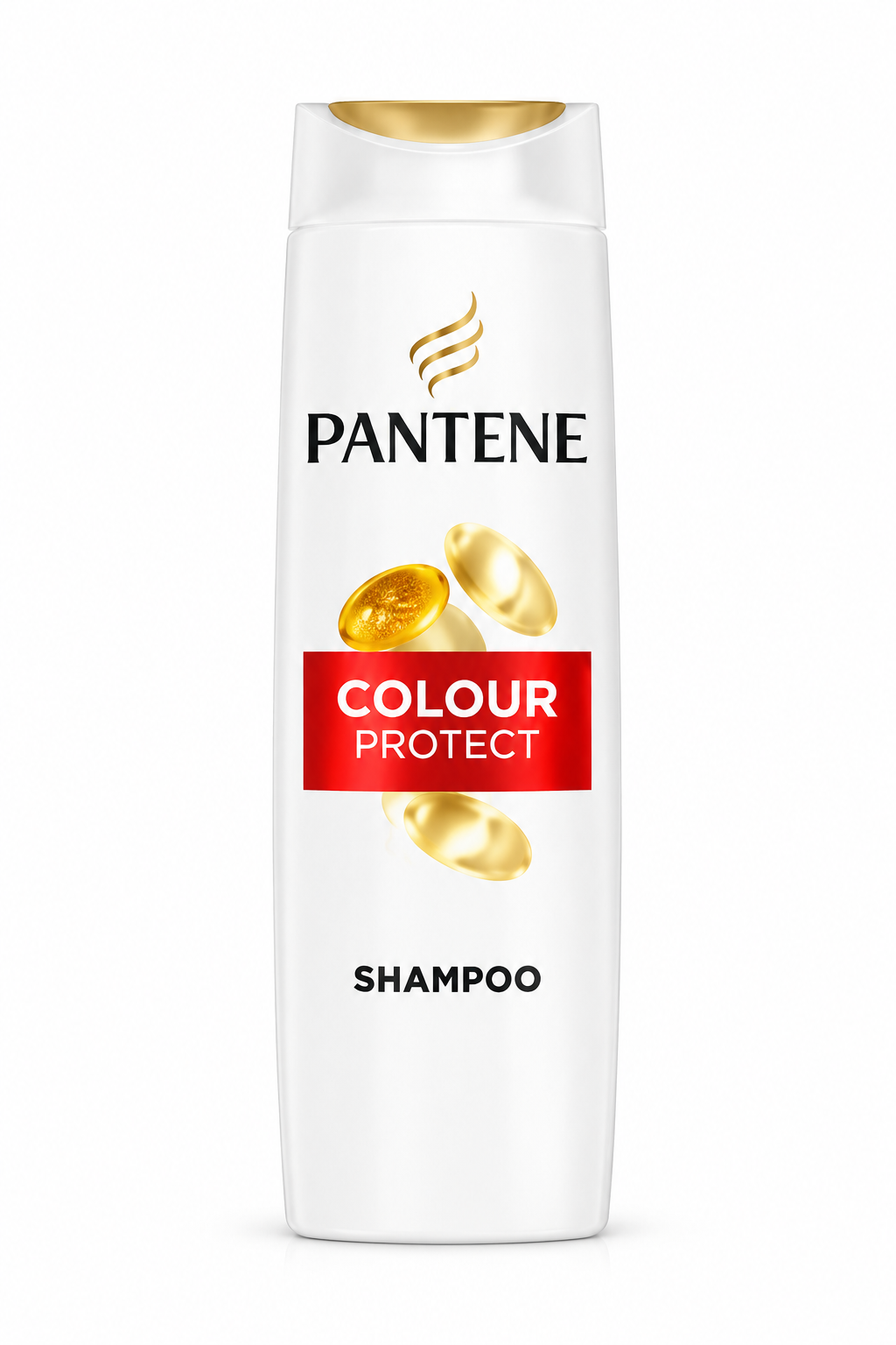 Pantene Colour Protect Shampoo 325ml white bottle with gold accents, red Colour Protect label and golden capsule graphics.