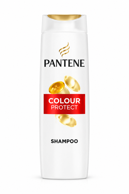 Pantene Colour Protect Shampoo 325ml white bottle with gold accents, red Colour Protect label and golden capsule graphics.
