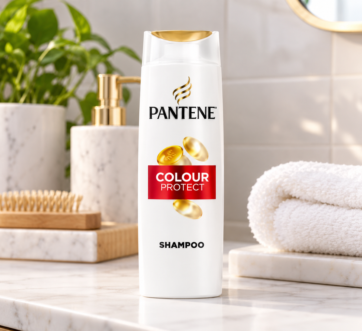 Pantene Colour Protect Shampoo 325ml bottle displayed on a marble bathroom vanity with folded white towels, green plants and bathroom accessories.
