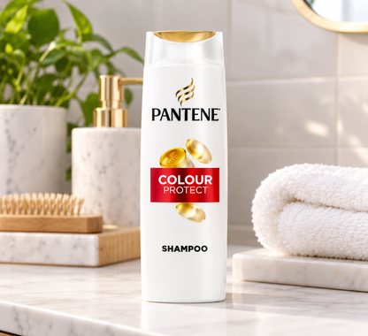 Pantene Colour Protect Shampoo 325ml bottle displayed on a marble bathroom vanity with folded white towels, green plants and bathroom accessories.