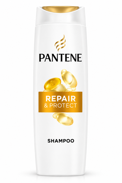 Pantene Repair and Protect Shampoo 325ml in a white bottle with gold accents, Pantene logo and gold repair and protect label.