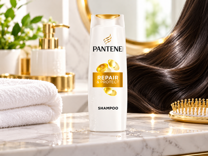 Pantene Repair and Protect Shampoo bottle displayed on a marble bathroom counter with a white towel, gold accessories and glossy dark hair.