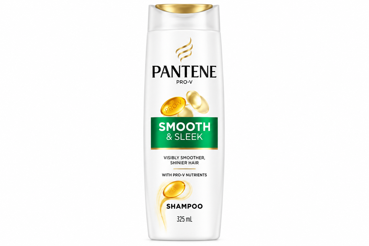 Pantene Smooth & Sleek Shampoo 325ml in a white bottle with a gold cap, black Pantene branding, golden Pro-V capsule graphics, and a green Smooth & Sleek label, displayed against a clean white background.