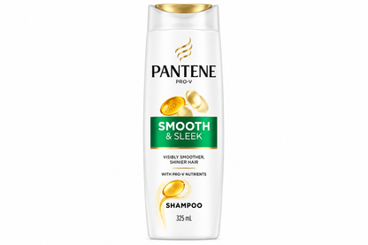 Pantene Smooth & Sleek Shampoo 325ml in a white bottle with a gold cap, black Pantene branding, golden Pro-V capsule graphics, and a green Smooth & Sleek label, displayed against a clean white background.