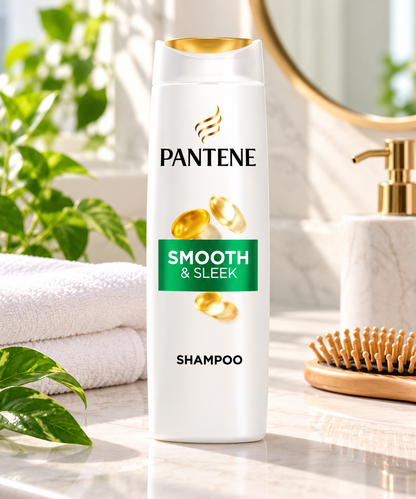 Pantene Smooth & Sleek Shampoo 325ml white bottle with gold cap and green label displayed on a marble bathroom counter beside folded white towels, a wooden hairbrush, and green leafy plants in a bright, naturally lit bathroom.