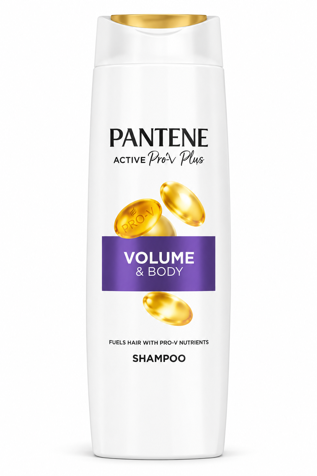 Pantene Volume & Body Shampoo 325ml white bottle with a gold cap, purple label and golden Pro-V capsule graphics.