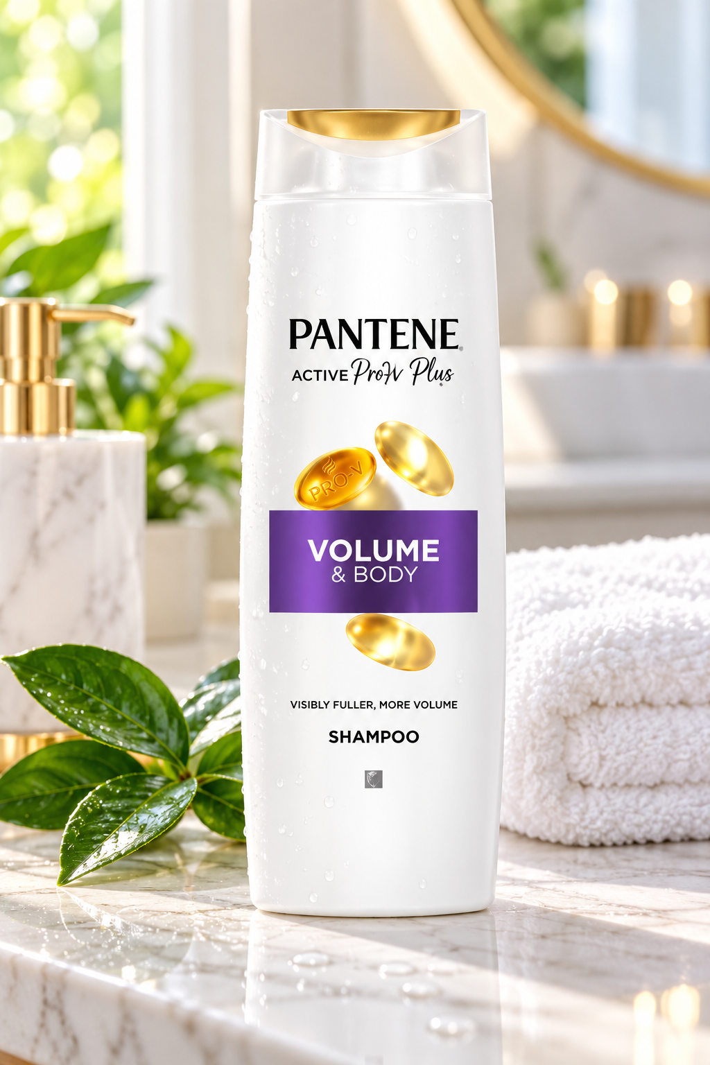 Pantene Volume & Body Shampoo 325ml white bottle with a purple label and gold cap displayed on a marble bathroom vanity beside green leaves and a soft white towel.