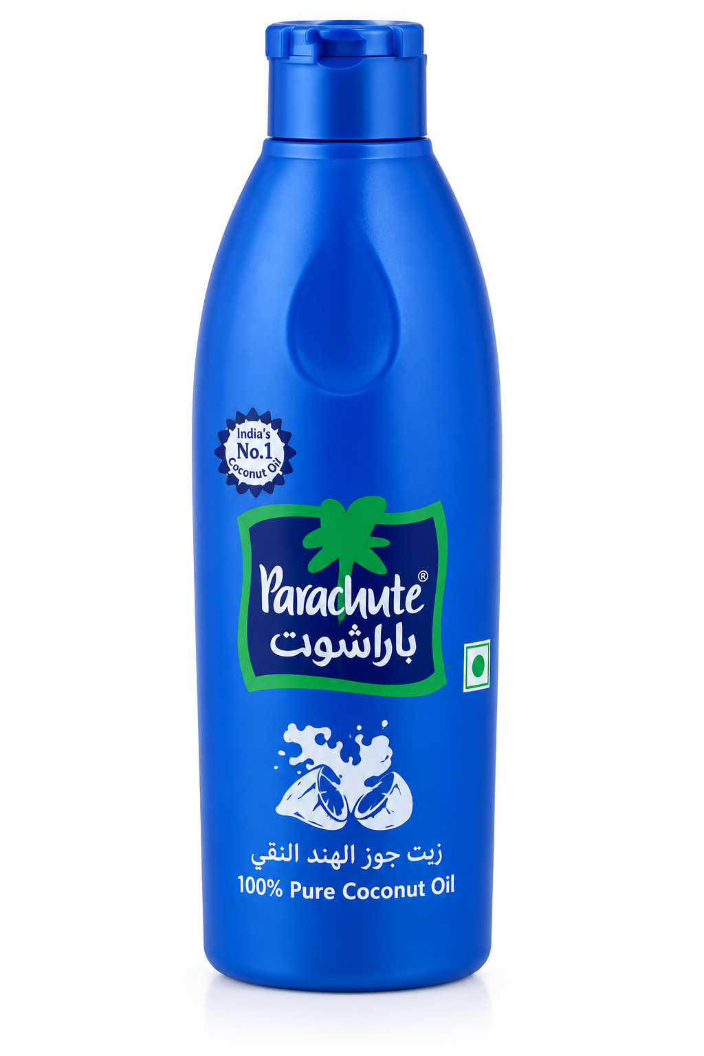Parachute Coconut Oil 500ml blue plastic bottle with a blue cap, green-bordered Parachute logo, and white coconut illustration, displayed upright against a clean white background.