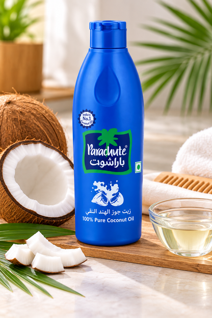 Parachute Coconut Oil 500ml blue bottle displayed beside fresh coconut halves, coconut pieces, green palm leaves, and a glass bowl of coconut oil on a wooden surface in a bright natural setting.