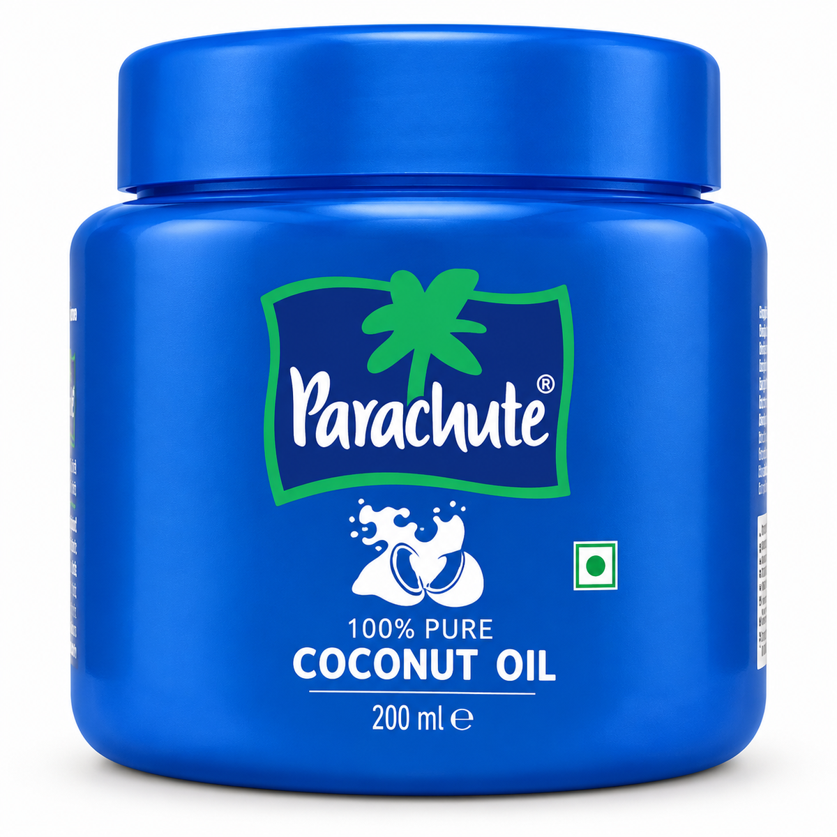 Parachute 100% Pure Coconut Oil 200ml in a blue plastic jar with a matching blue lid, displayed on a clean white background.