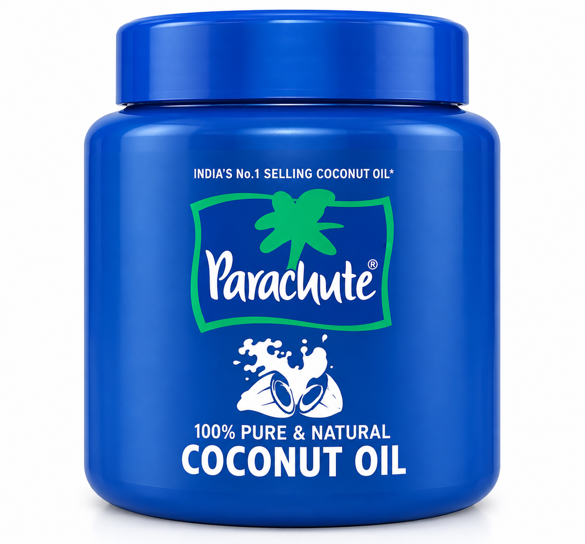 Parachute Pure and Natural Coconut Oil 500ml featuring a large blue plastic jar with a matching blue screw cap. The front packaging displays the green and white Parachute logo, a coconut illustration, and the text “100% Pure & Natural Coconut Oil.” The jar has a glossy finish and is shown upright against a clean white background, clearly highlighting its blue packaging and coconut oil branding.