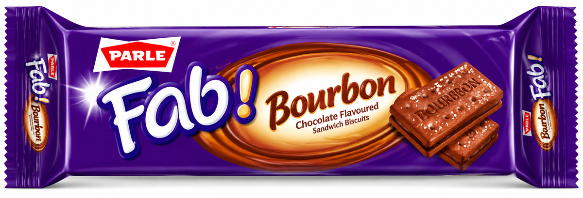Parle Fab Bourbon Chocolate Sandwich Biscuits displayed on a white plate with chocolate cream filling, chocolate pieces and a cup of tea on a wooden table.