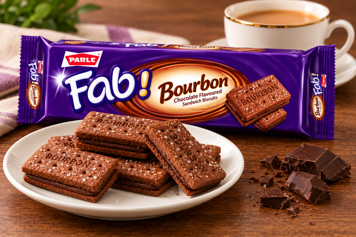 Parle Fab Bourbon Chocolate Sandwich Biscuits displayed on a white plate with chocolate cream filling, chocolate pieces and a cup of tea on a wooden table.
