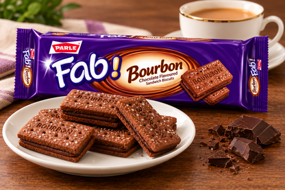 Parle Fab Bourbon Chocolate Sandwich Biscuits displayed on a white plate with chocolate cream filling, chocolate pieces and a cup of tea on a wooden table.