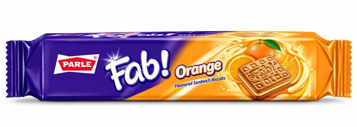 Parle Fab Orange Flavoured Sandwich Biscuits Packet Side View with Orange Cream Biscuit and Orange Fruit Design.