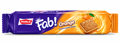 Parle Fab Orange Flavoured Sandwich Biscuits Packet Side View with Orange Cream Biscuit and Orange Fruit Design.