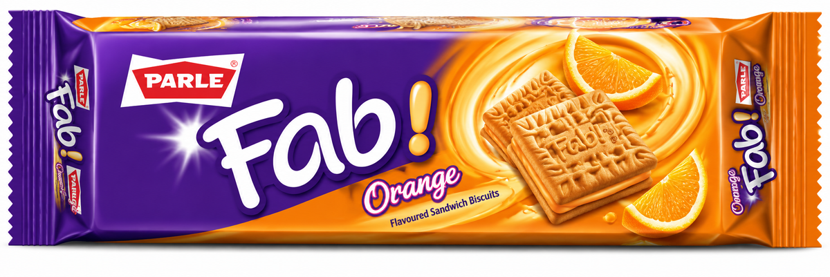 Parle Fab Orange Flavoured Sandwich Biscuits 112g packet with purple and orange packaging, orange cream biscuit imagery and bright branding against a clean white background.