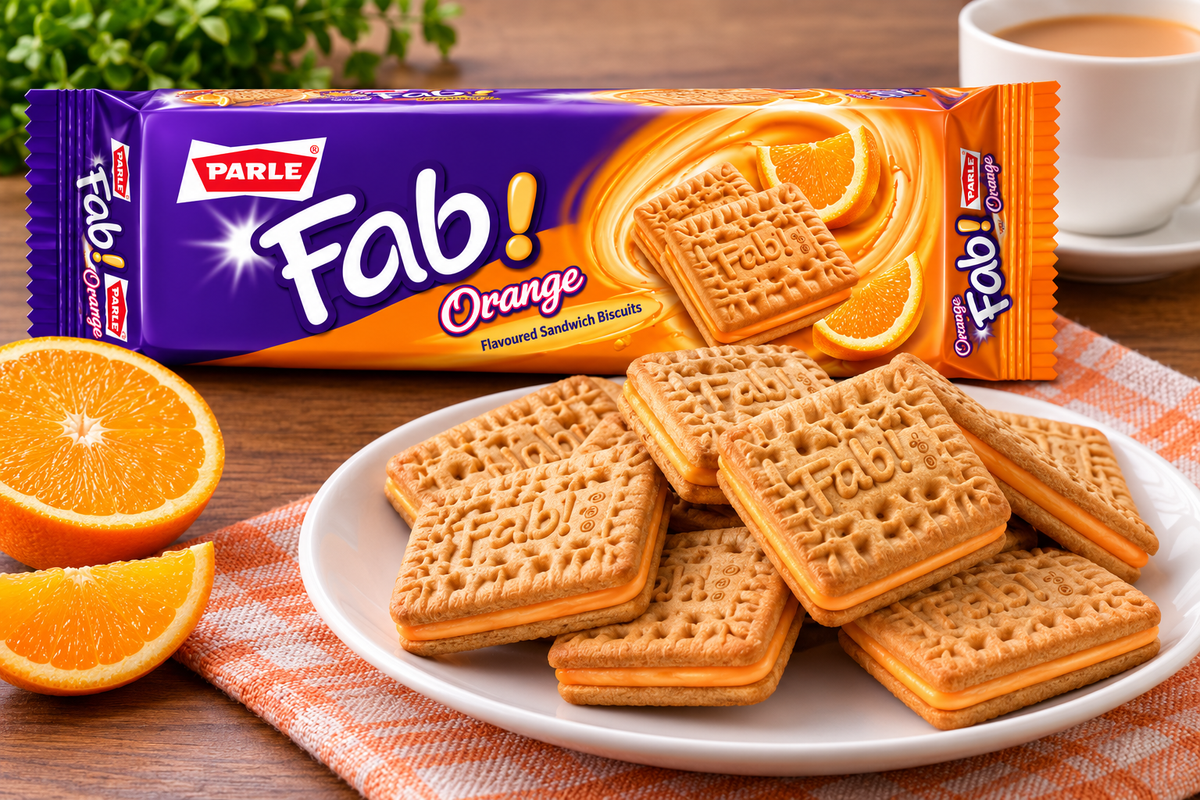 Parle Fab Orange Cream Biscuits packet displayed behind a plate of golden sandwich biscuits with orange cream filling, fresh orange slices and a cup of tea on a wooden table.