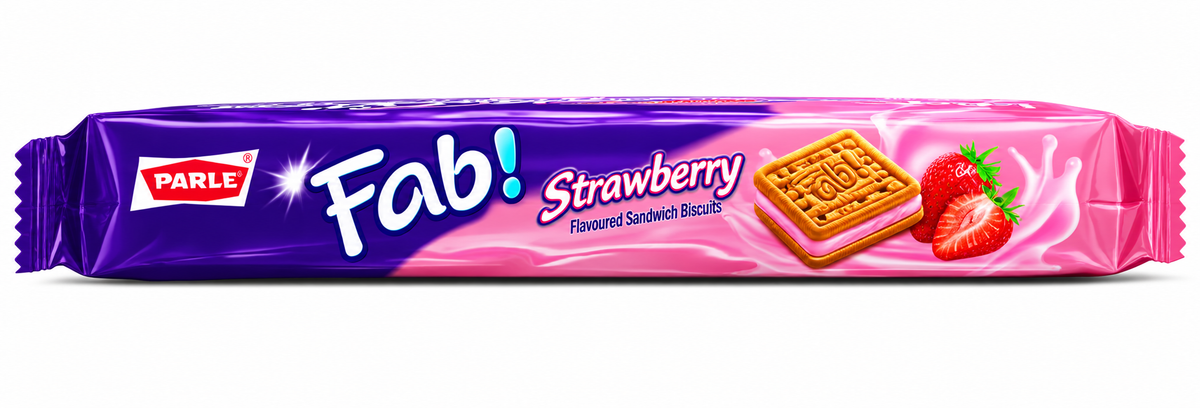 Parle Fab Strawberry Flavoured Sandwich Biscuits Wrapper Side View with Strawberry Cream Biscuit Design
