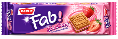 Parle Fab Strawberry Flavoured Sandwich Biscuits 82.5g packet with purple and pink packaging, strawberry imagery and golden biscuits with pink cream filling, displayed against a clean white background.