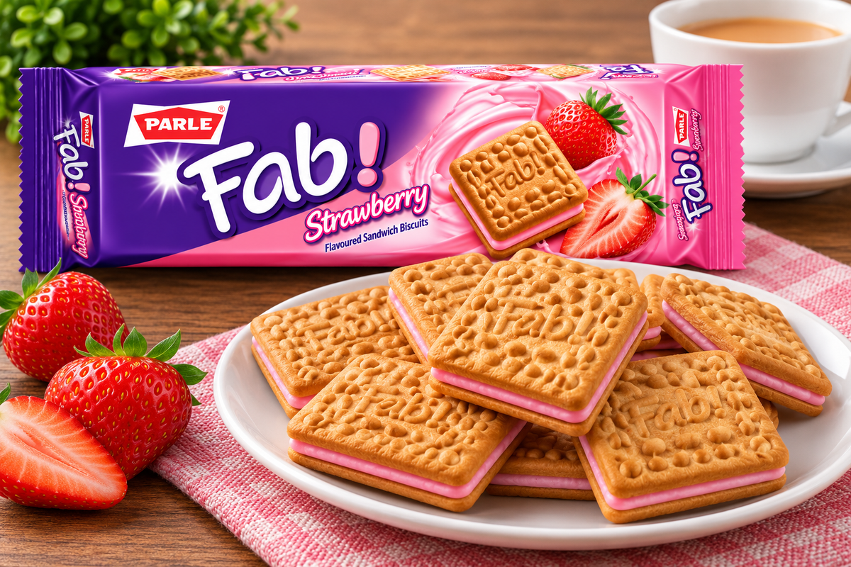 Parle Fab Strawberry Biscuits packet displayed behind a plate of golden sandwich biscuits with pink strawberry-flavoured cream filling, fresh strawberries and a cup of tea on a wooden table.