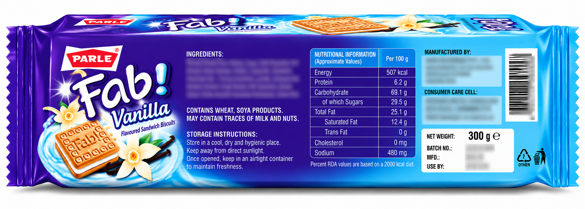 Parle Fab Vanilla Flavoured Sandwich Biscuits 300g Pack Back View with Product Information