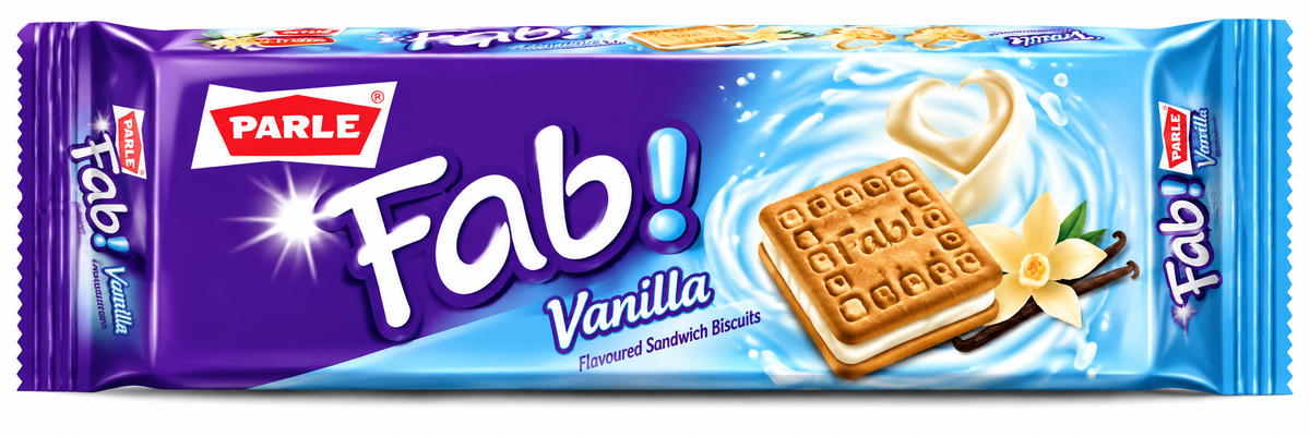 Parle Fab Vanilla Biscuits packet displayed behind a plate of golden sandwich biscuits with vanilla cream filling, vanilla flowers and vanilla pods on a wooden table.