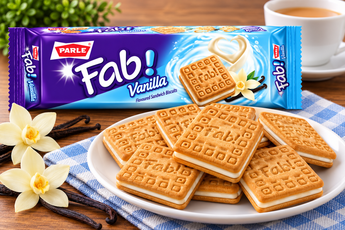 Parle Fab Vanilla Biscuits packet displayed behind a plate of golden sandwich biscuits with vanilla cream filling, vanilla flowers and vanilla pods on a wooden table.
