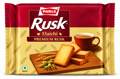Parle Rusk Elaichi Premium Rusk 200g packet with maroon and golden packaging displayed against a clean white background.