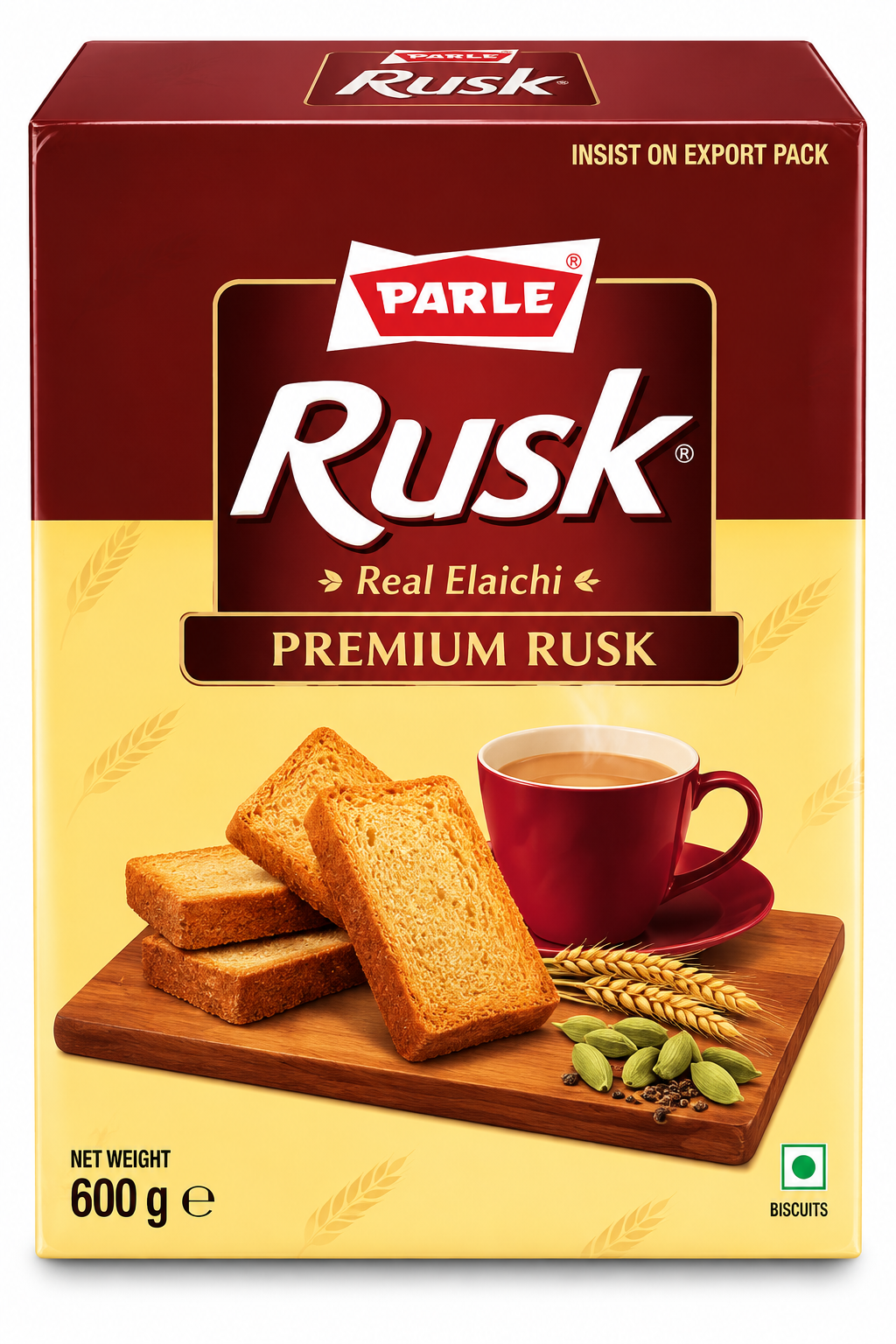 Parle Rusk Real Elaichi Premium Rusk 600g pack featuring maroon and cream packaging with Parle branding, golden crispy rusks, a cup of tea, wheat and cardamom illustrations, ideal for traditional Indian tea-time snacking.