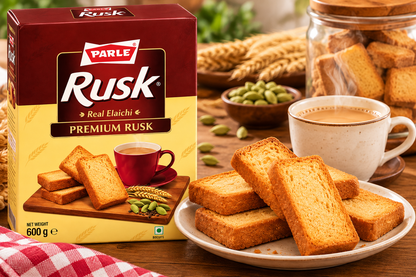 Parle Real Elaichi Premium Rusk 600g pack displayed beside a plate of golden, crunchy rusks and a cup of Indian milk tea on a rustic wooden table, with cardamom pods and wheat in the background, showcasing a classic Indian tea-time snack.
