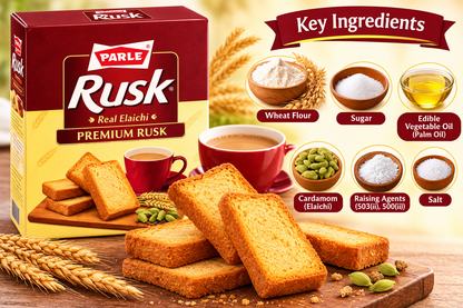 Parle Real Elaichi Premium Rusk 600g pack surrounded by golden toasted rusks, a cup of tea, wheat flour, sugar, edible vegetable oil, cardamom, salt and raising agents, presented in a food infographic highlighting the ingredients associated with Indian cardamom-flavoured rusk.
