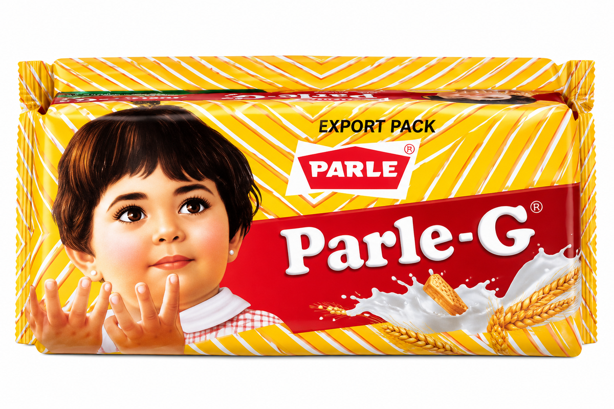 Parle-G Original Glucose Biscuits 79g export pack featuring the iconic yellow and red packaging, Parle-G logo and classic child illustration, ideal for Indian grocery shops, tea-time snacks and everyday enjoyment.
