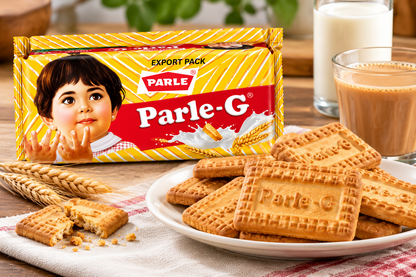 Parle-G Glucose Biscuits 79g pack displayed alongside golden, crispy Parle-G biscuits, a glass of Indian chai, milk and wheat stalks, showcasing a classic Indian tea-time snack with a sweet flavour and crunchy texture.