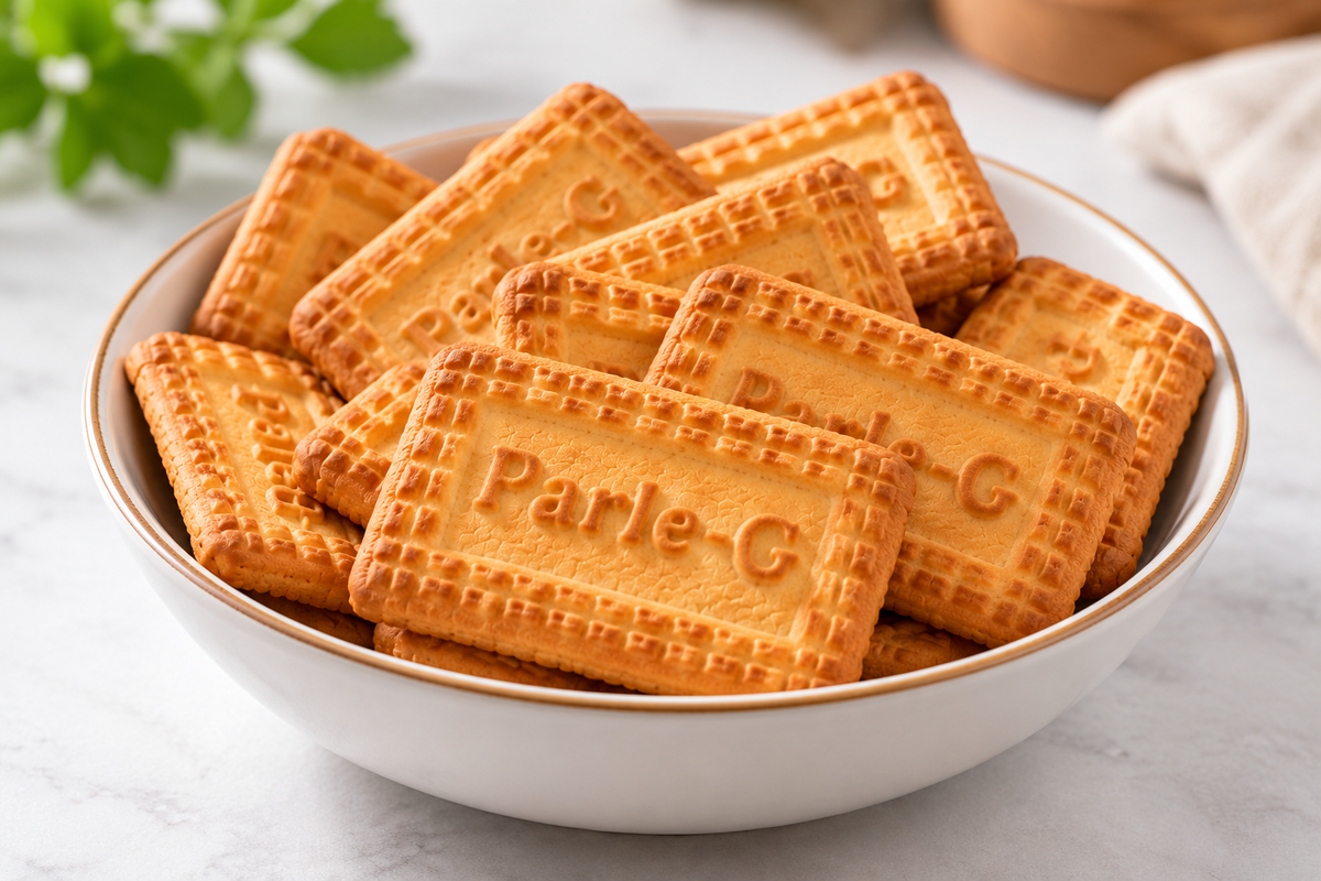 Golden, crispy Parle-G glucose biscuits arranged in a white ceramic bowl, featuring their distinctive rectangular shape, ridged edges and embossed Parle-G lettering, ideal for tea-time snacking, breakfast and enjoying with milk.
