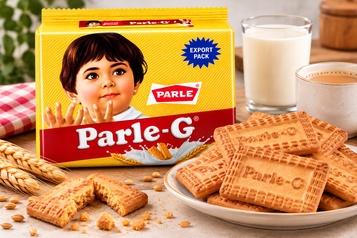 Parle-G Glucose Biscuits Multipack 799g displayed alongside golden, crunchy Parle-G biscuits on a plate, a glass of milk, a cup of tea and wheat stalks, showcasing a traditional Indian tea-time snack and everyday family favourite.