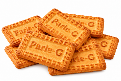 Golden-brown Parle-G glucose biscuits stacked and overlapping on a clean white background, featuring rectangular shapes, distinctive ridged edges, embossed Parle-G lettering and a crisp baked texture, suitable for product presentation and online grocery listings.