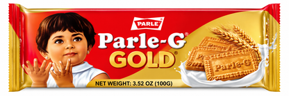 Parle-G Gold Biscuits 100g pack featuring red and golden packaging, the Parle-G Gold logo, the classic child illustration and golden biscuit images, ideal for tea-time snacking and everyday enjoyment.