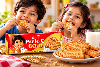 Parle-G Gold Biscuits 100g pack displayed with two happy children enjoying golden biscuits at snack time, alongside a plate of Parle-G Gold biscuits and a glass of milk, showcasing a family-friendly Indian biscuit snack.