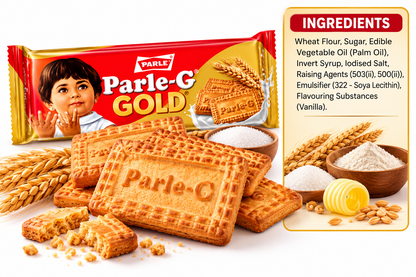 Parle-G Gold Biscuits 100g pack with golden rectangular biscuits, wheat stalks, flour, sugar and other ingredient visuals, alongside an ingredients panel listing wheat flour, sugar, edible vegetable oil, invert syrup, iodised salt, raising agents, soya lecithin and vanilla flavouring.
