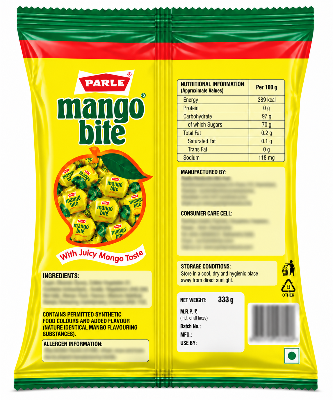 Parle Mango Bite Candy 333g Packet Back View with Ingredients and Nutritional Information