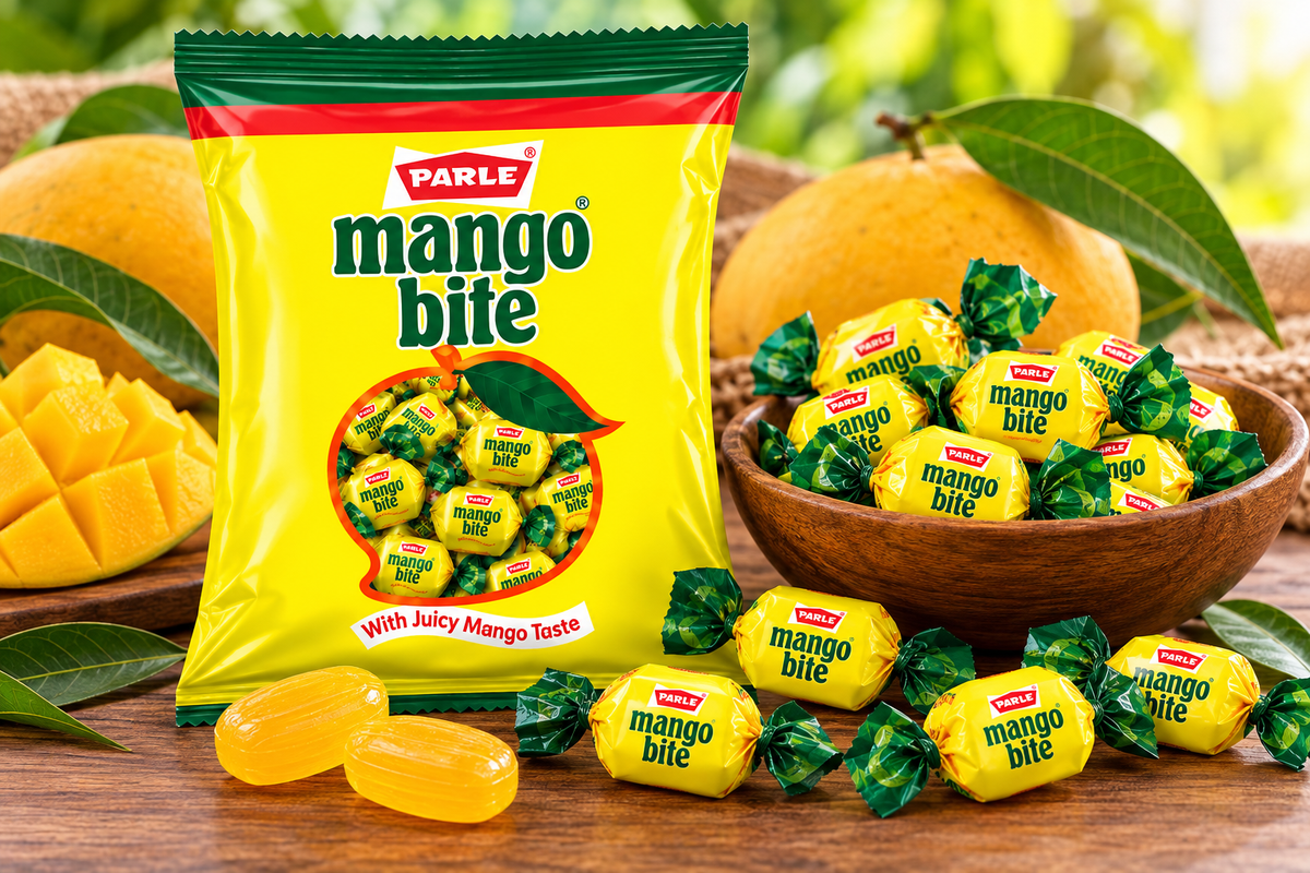 Parle Mango Bite Mango Flavoured Candies with Fresh Mangoes, Mango Pieces and Individually Wrapped Sweets on a Wooden Table