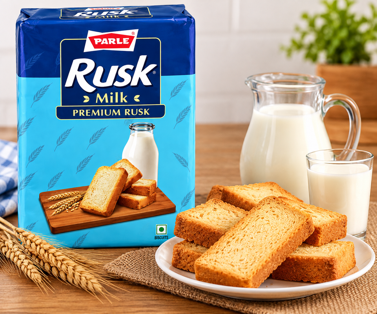Parle Rusk Milk Premium Rusk packet served with crispy golden rusks, a glass of milk and a milk jug on a wooden table.