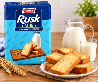 Parle Rusk Milk Premium Rusk packet served with crispy golden rusks, a glass of milk and a milk jug on a wooden table.